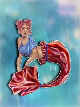 A siren with pink hair in buns and a blue off-the-shoulder top, her red tail twisted at the end like a candy wrapper, against a blurred blue background.