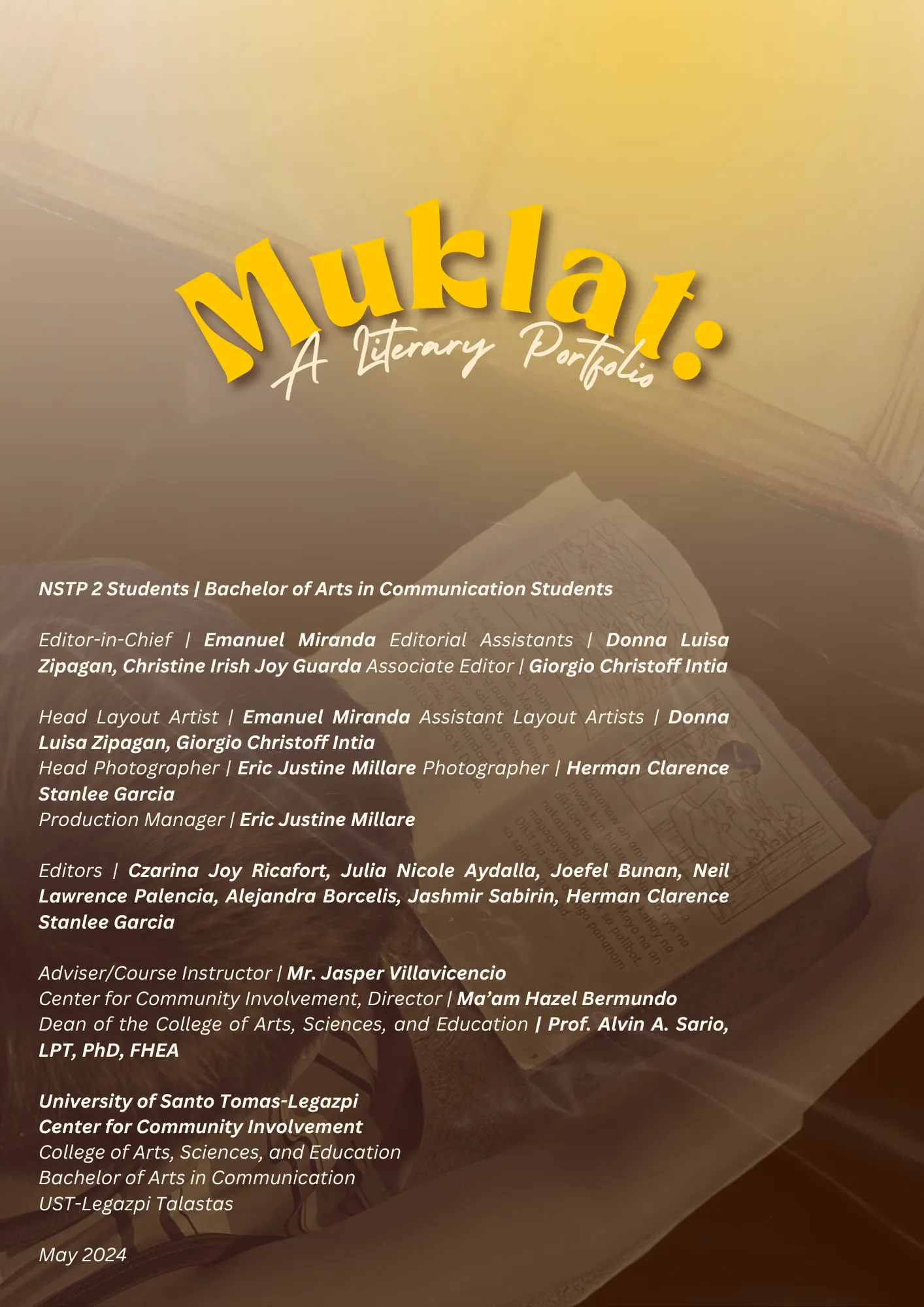 The staff page of Muklat, listing Christine Irish Joy Guarda with Donna Luisa Zipagan as Editorial Assistants, under Editor-in-Chief Emanuel Miranda, dated May 2024.