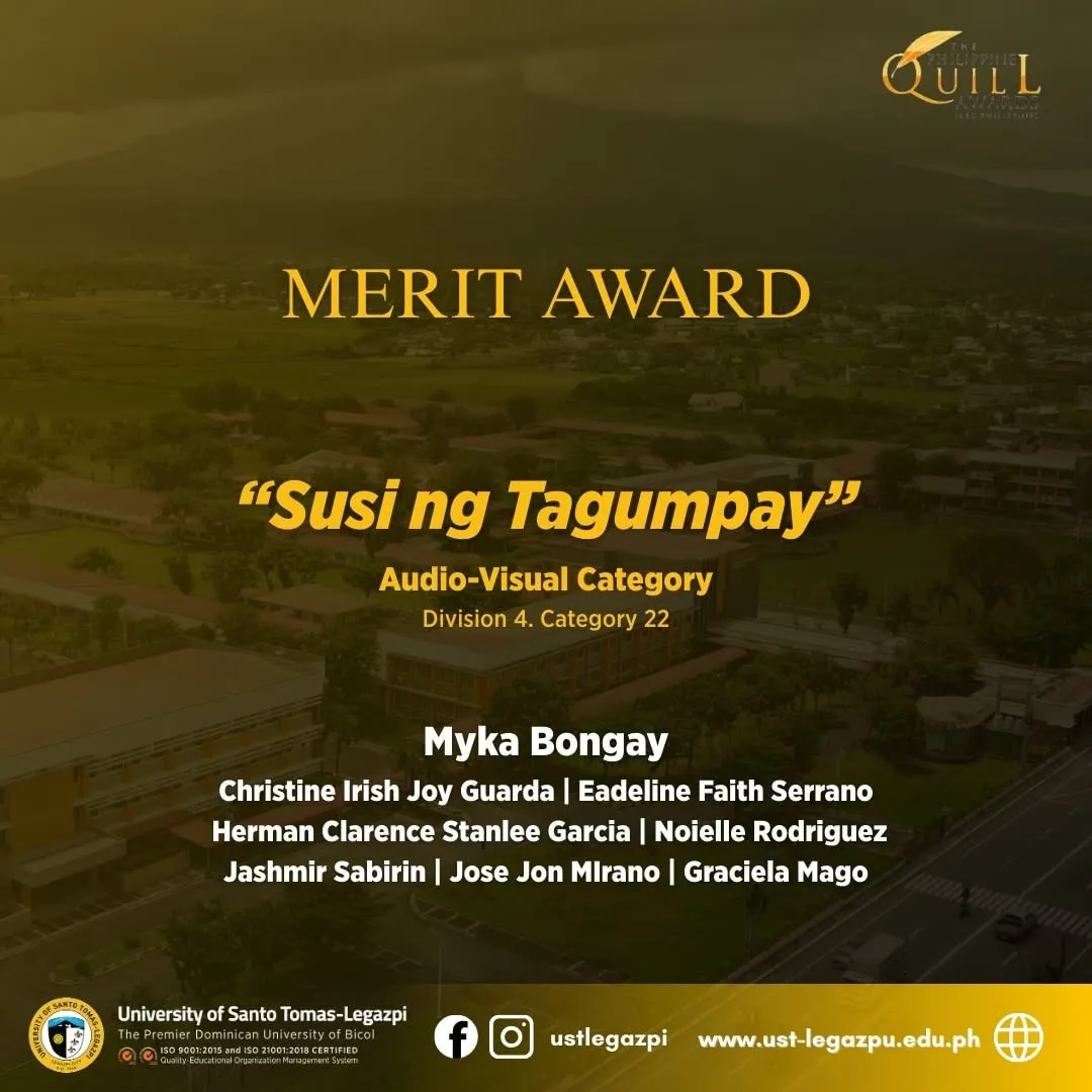 Merit Award announcement for “Susi ng Tagumpay”, in the Audio-Visual category.
