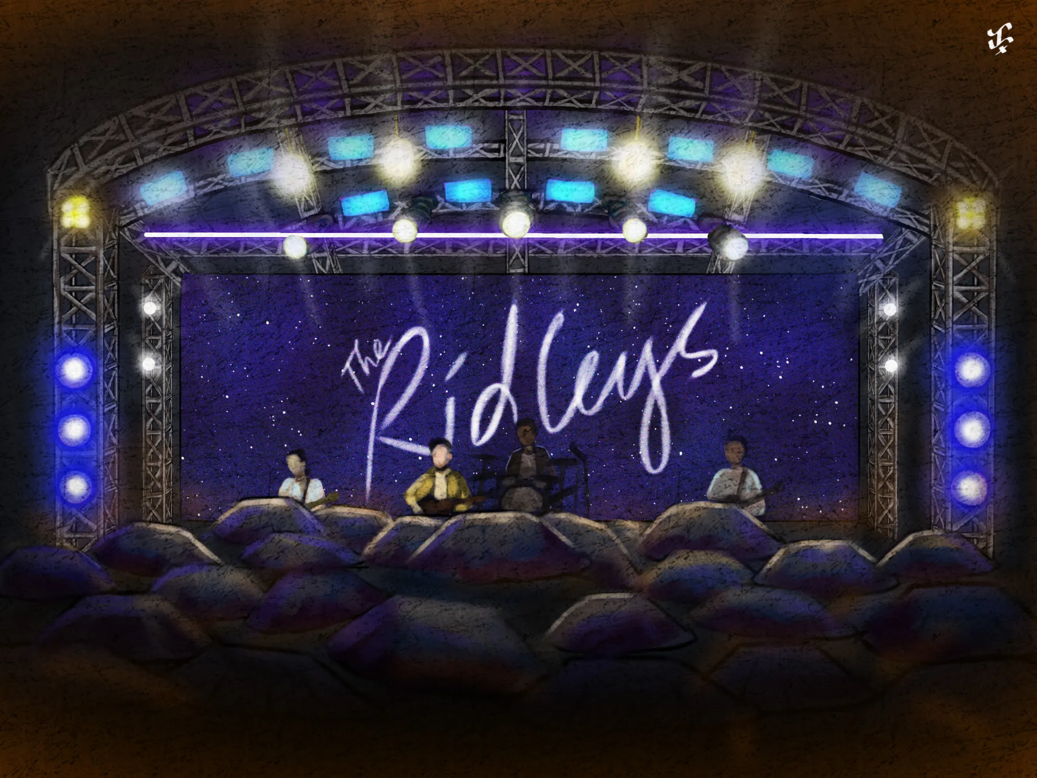 The band The Ridleys playing on a lit concert stage at night, their name on the screen behind them and the crowd in silhouette.