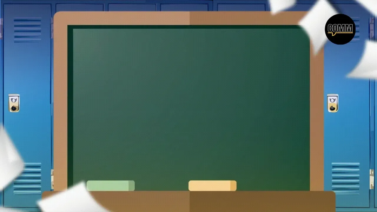 The title card of the talk show “Campus Spotlight”: the title in yellow script on a green chalkboard between blue school lockers, lit by a spotlight, with the COMM logo in the corner.