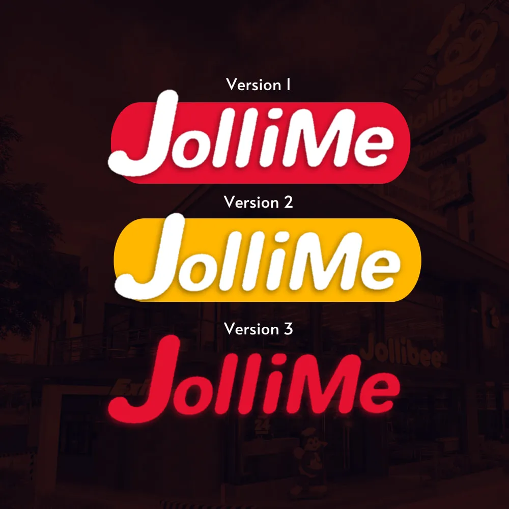 Three versions of the JolliMe logo: white lettering on a red pill, white lettering on a yellow pill, and red neon-style lettering.