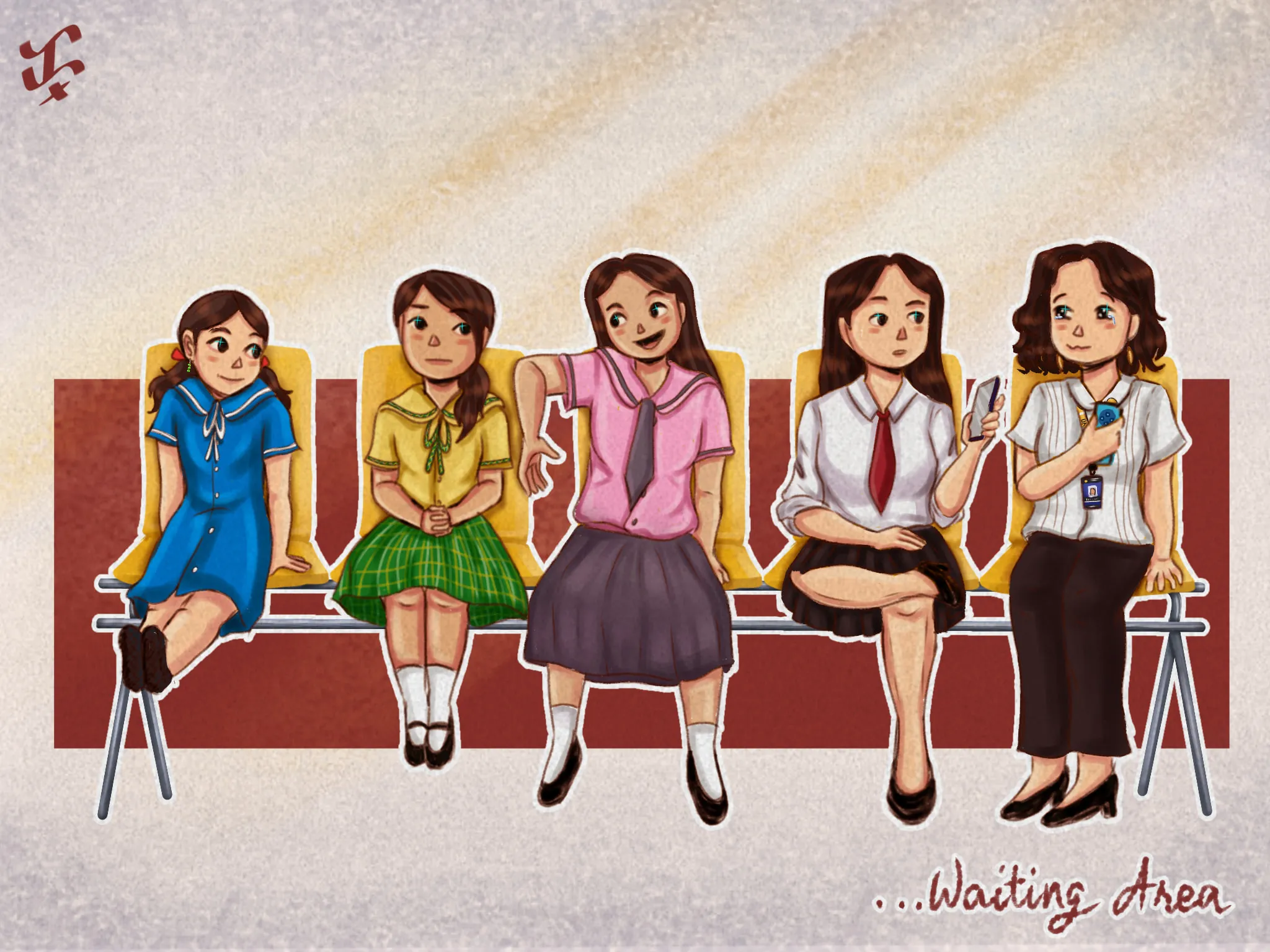 Five students in different school uniforms sitting side by side on a red bench, with “…Waiting Area” written below.